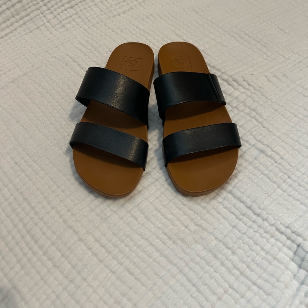 Reef Two-Strap Black and Brown Slide Sandals